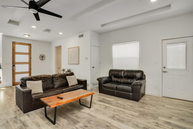 3725 Toronto St, Dallas, TX 75212 - living area with recessed lighting, light wood-type flooring, visible vents, and ceiling fan