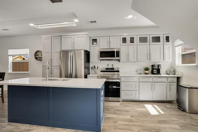 3725 Toronto St, Dallas, TX 75212 - kitchen with visible vents, light wood finished floors, a sink, light countertops, and appliances with stainless steel finishes