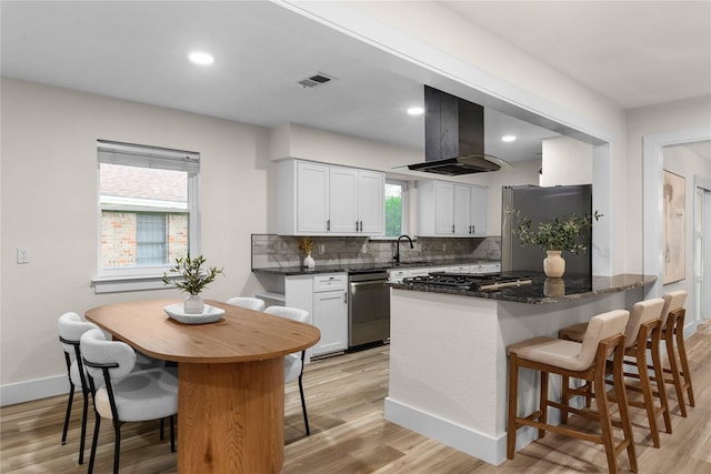 6410 Symphony Ln, Dallas, TX 75227 - kitchen featuring appliances with stainless steel finishes, island exhaust hood, baseboards, light wood-style floors, and a kitchen bar
