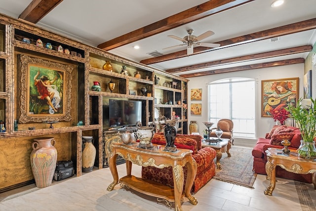 17909 Terrace Dr, Kemp, TX 75143 - living area with beam ceiling, visible vents, recessed lighting, and ceiling fan