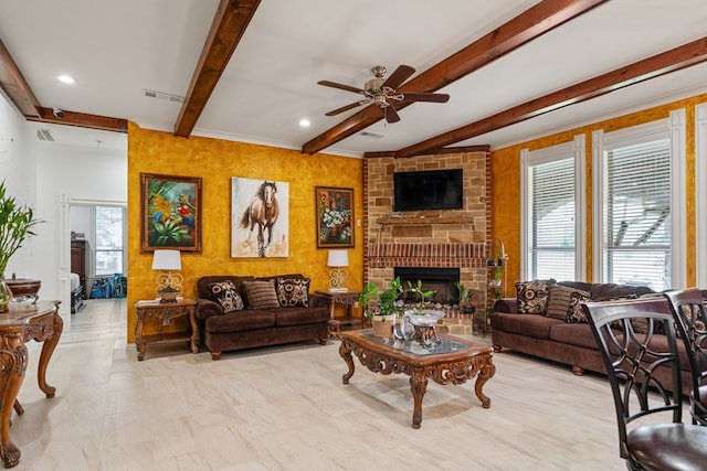 17909 Terrace Dr, Kemp, TX 75143 - living area with a brick fireplace, beamed ceiling, a ceiling fan, and visible vents