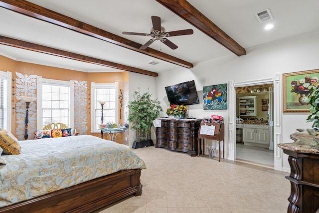 17909 Terrace Dr, Kemp, TX 75143 - bedroom with visible vents, beamed ceiling, and ensuite bathroom