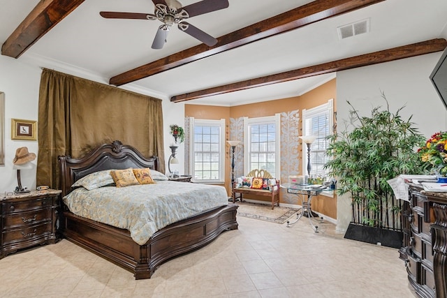 17909 Terrace Dr, Kemp, TX 75143 - bedroom featuring beam ceiling, visible vents, and ceiling fan