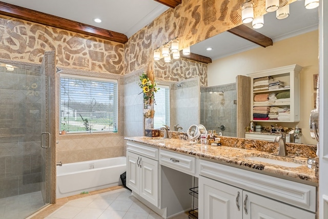 17909 Terrace Dr, Kemp, TX 75143 - bathroom with ornamental molding, a sink, a shower stall, tile patterned flooring, and a bath