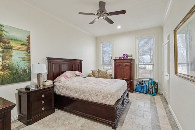 17909 Terrace Dr, Kemp, TX 75143 - bedroom featuring recessed lighting, baseboards, ornamental molding, and a ceiling fan