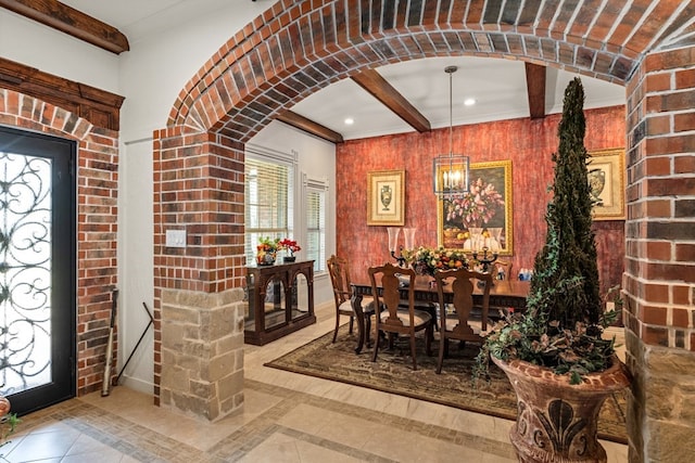 17909 Terrace Dr, Kemp, TX 75143 - unfurnished dining area with beamed ceiling, recessed lighting, and arched walkways