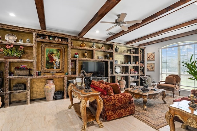17909 Terrace Dr, Kemp, TX 75143 - living room featuring beam ceiling, a ceiling fan, and visible vents