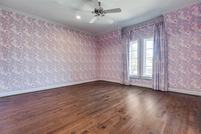 4517 N Versailles Ave, Highland Park, TX 75205 - spare room with wallpapered walls, dark wood finished floors, ornamental molding, and a ceiling fan