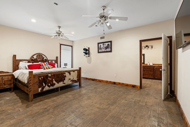 bedroom with hardwood / wood-style floors, a ceiling fan, baseboards, visible vents, and recessed lighting