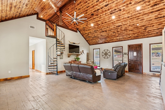 living area with visible vents, high vaulted ceiling, hardwood / wood-style floors, wood ceiling, and ceiling fan