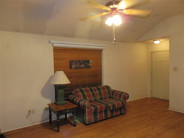 313 Conger Dr, Mesquite, TX 75149 - living room with a ceiling fan, baseboards, wood finished floors, and lofted ceiling