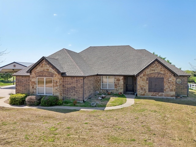 view of front facade featuring roof with shingles, stone siding, and a front lawn