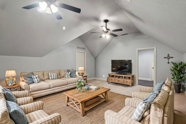 living area featuring visible vents, a ceiling fan, carpet flooring, and lofted ceiling