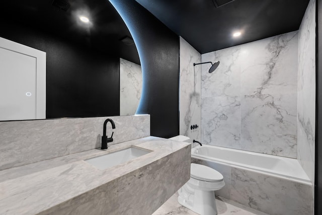 9805 Bluff Dale Dr, Dallas, TX 75218 - full bath with a combined bath / shower with marble appearance, vanity, toilet, and a textured wall