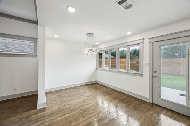 4108 Desert Garden Dr, Plano, TX 75093 - unfurnished dining area featuring a chandelier, recessed lighting, baseboards, and wood finished floors