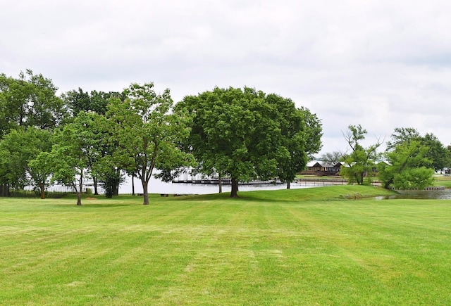 view of community featuring a water view and a lawn