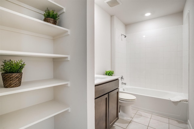 full bath featuring visible vents, toilet, bathing tub / shower combination, tile patterned floors, and vanity