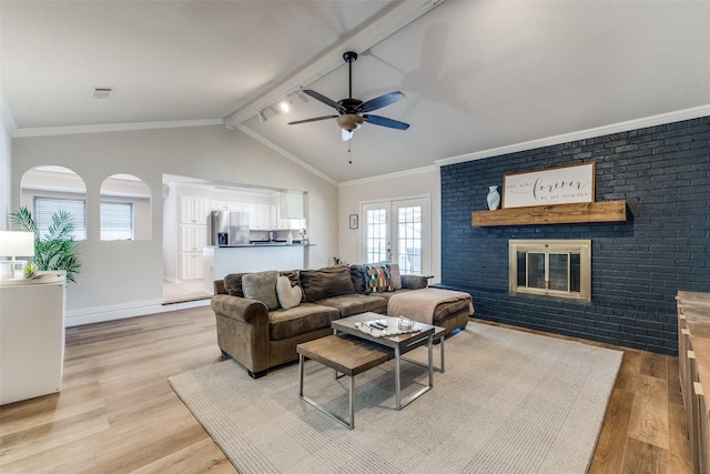 5805 Trail Crest Dr, Arlington, TX 76017 - living area featuring ceiling fan, light wood-type flooring, and a brick fireplace