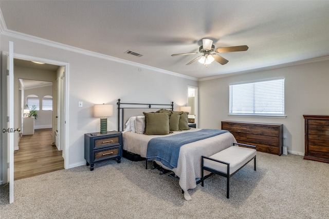 5805 Trail Crest Dr, Arlington, TX 76017 - bedroom featuring light carpet, ornamental molding, and a ceiling fan
