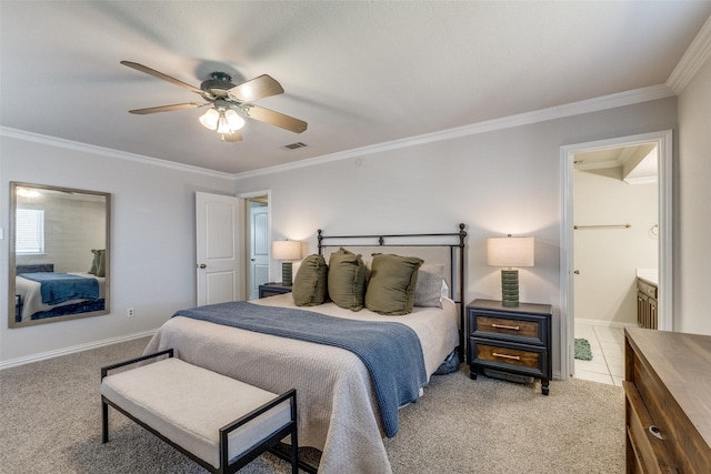 5805 Trail Crest Dr, Arlington, TX 76017 - carpeted bedroom featuring ornamental molding, ceiling fan, and ensuite bath