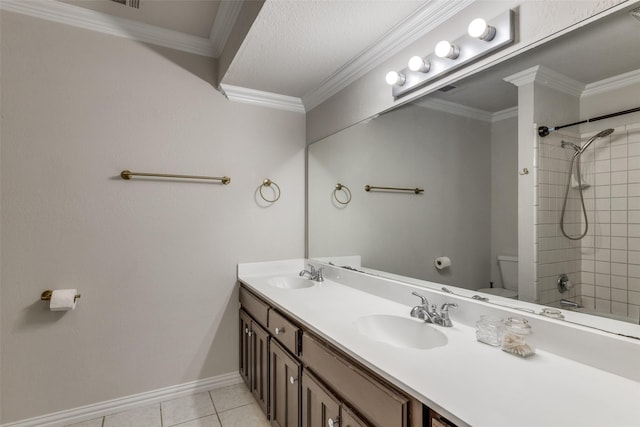5805 Trail Crest Dr, Arlington, TX 76017 - bathroom featuring double vanity, tile patterned floors, shower / bath combination, and crown molding