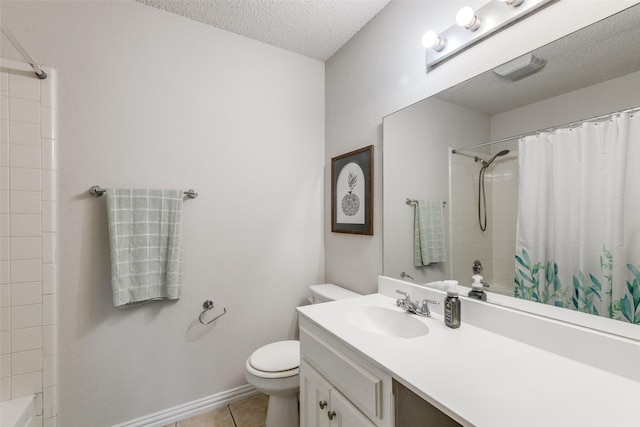 5805 Trail Crest Dr, Arlington, TX 76017 - bathroom featuring a textured ceiling, vanity, tile patterned flooring, and shower / bath combo with shower curtain
