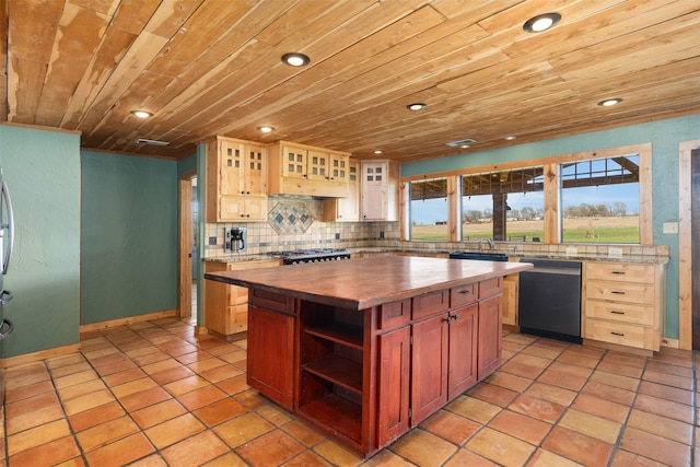 kitchen with butcher block counters, recessed lighting, wood ceiling, dishwasher, and backsplash