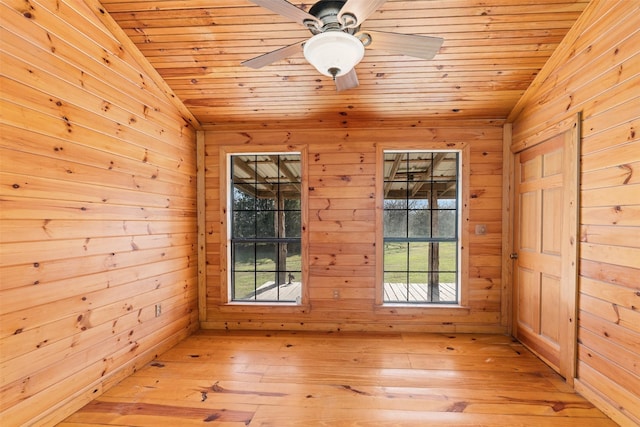 unfurnished room featuring light wood-style floors, wooden ceiling, and lofted ceiling