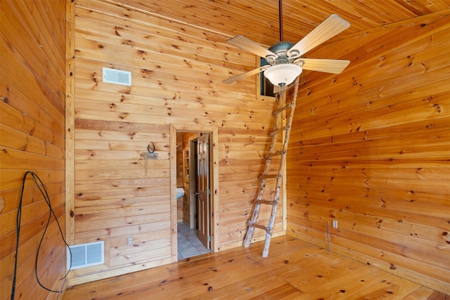 empty room featuring wood ceiling, wood finished floors, wood walls, and visible vents
