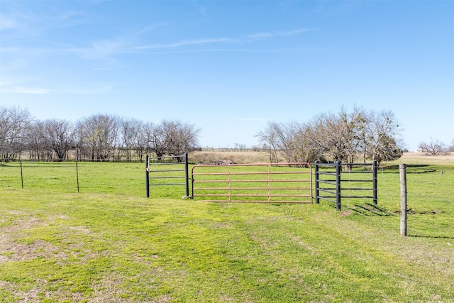 view of yard featuring a rural view, fence, and a gate