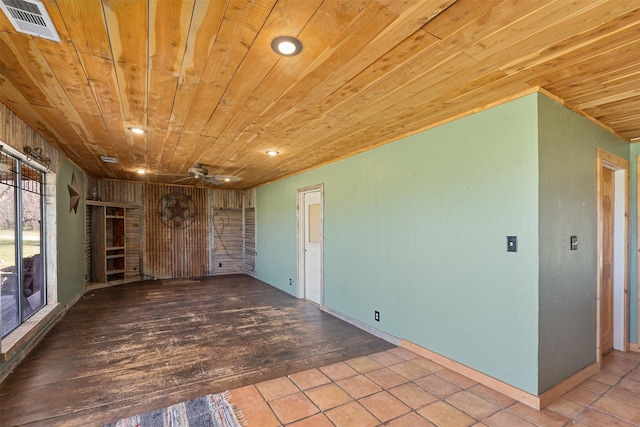 tiled spare room with recessed lighting, visible vents, wooden ceiling, and ceiling fan