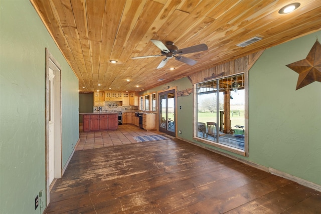 kitchen with visible vents, ceiling fan, wood ceiling, brown cabinets, and wood-type flooring