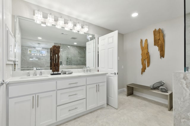 1105 Northpark Dr, Richardson, TX 75081 - bathroom featuring a shower, baseboards, double vanity, and recessed lighting