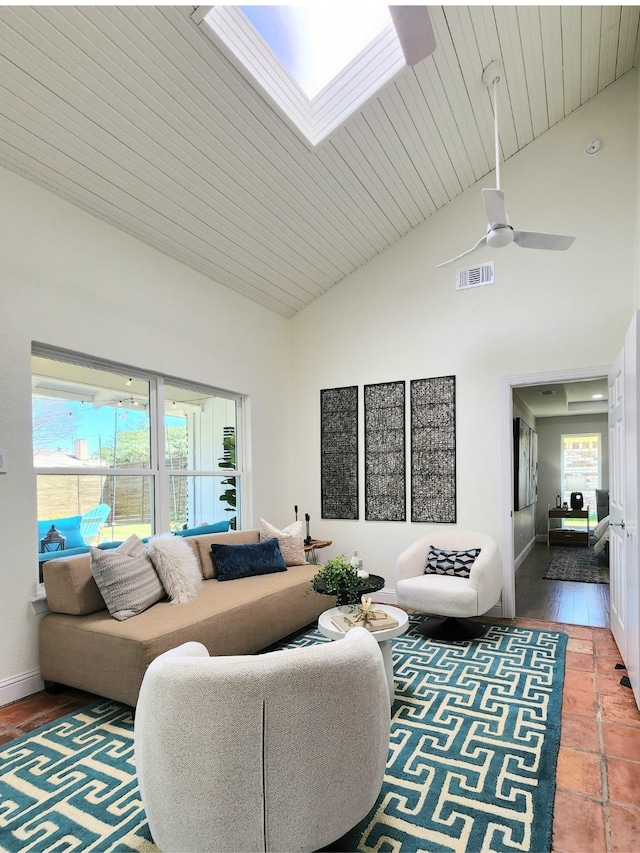 1105 Northpark Dr, Richardson, TX 75081 - living area with healthy amount of natural light, a ceiling fan, high vaulted ceiling, wood ceiling, and baseboards