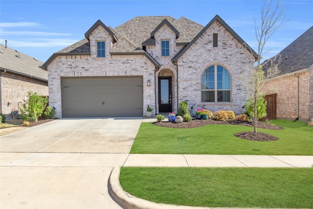 4112 Silver Spur Ct, Aubrey, TX 76227 - french country inspired facade featuring brick siding, driveway, a front yard, a garage, and roof with shingles