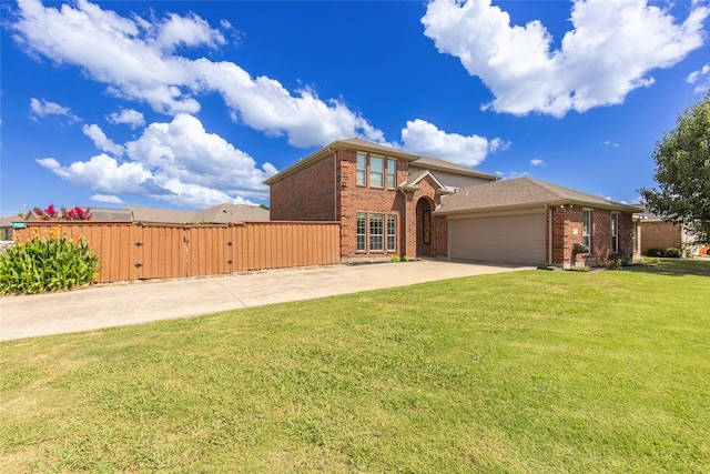 view of front of home featuring a front lawn, brick siding, concrete driveway, and an attached garage