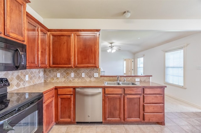 358 Sugarberry Ave, Abilene, TX 79602 - kitchen with black appliances, a sink, a peninsula, tasteful backsplash, and a ceiling fan
