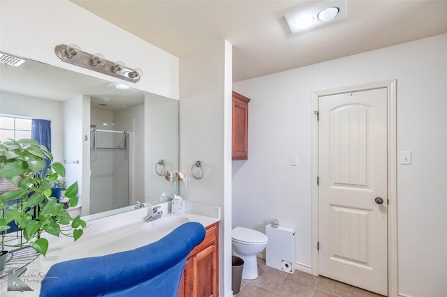 358 Sugarberry Ave, Abilene, TX 79602 - bathroom featuring a shower stall, vanity, visible vents, toilet, and tile patterned floors