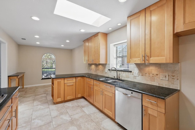 2616 Appledale Ln, Dallas, TX 75287 - kitchen featuring dishwasher, a sink, a peninsula, a skylight, and tasteful backsplash