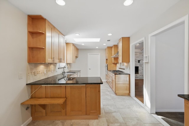2616 Appledale Ln, Dallas, TX 75287 - kitchen with backsplash, a peninsula, appliances with stainless steel finishes, open shelves, and wall chimney range hood