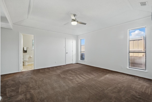 2616 Appledale Ln, Dallas, TX 75287 - unfurnished room with dark carpet, healthy amount of natural light, a ceiling fan, baseboards, and vaulted ceiling