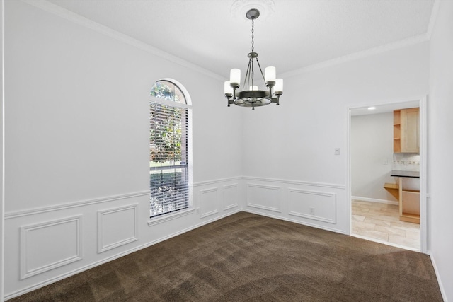 2616 Appledale Ln, Dallas, TX 75287 - unfurnished dining area featuring a chandelier, crown molding, dark carpet, wainscoting, and a decorative wall