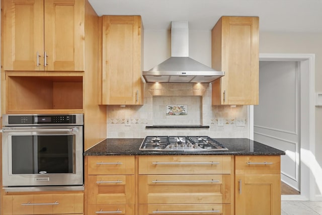 2616 Appledale Ln, Dallas, TX 75287 - kitchen with stainless steel appliances, wall chimney exhaust hood, decorative backsplash, and dark stone counters