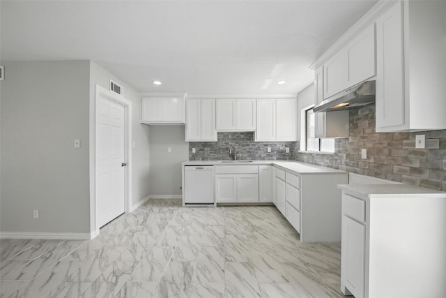 kitchen with a sink, dishwasher, marble finish floor, backsplash, and baseboards