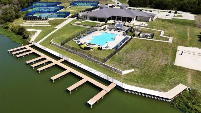 drone / aerial view featuring a water view