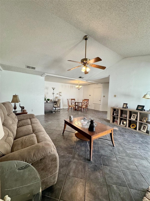 2604 Glenmore Dr, Mesquite, TX 75150 - living room with a textured ceiling, lofted ceiling, visible vents, and ceiling fan
