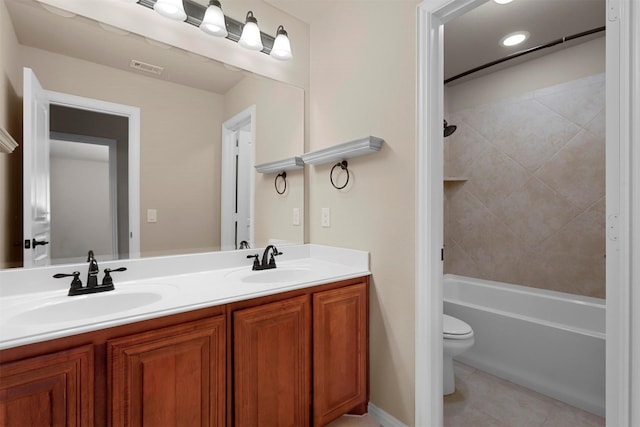 1305 Greenrock Ct, Midlothian, TX 76065 - bathroom with double vanity, toilet, tile patterned floors, washtub / shower combination, and recessed lighting