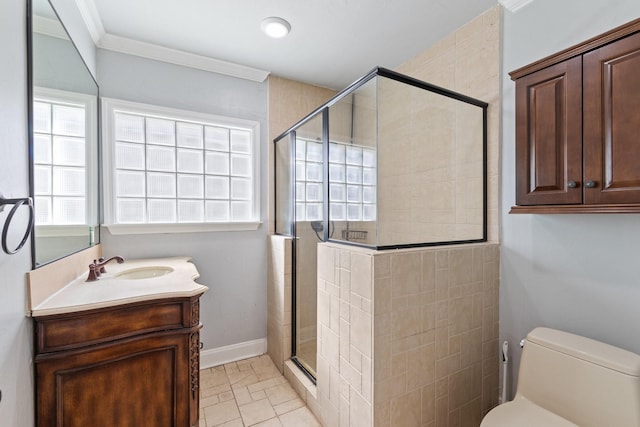 2508 Carnation Ave, Fort Worth, TX 76111 - bathroom featuring a stall shower, vanity, toilet, plenty of natural light, and crown molding