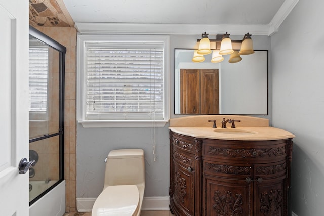 2508 Carnation Ave, Fort Worth, TX 76111 - bathroom with vanity, toilet, shower / bath combination with glass door, and baseboards