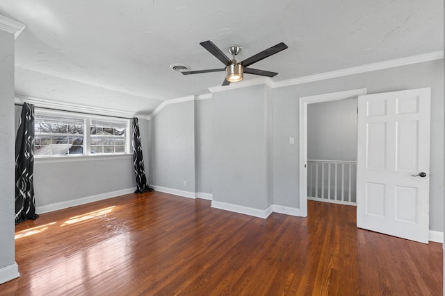 2508 Carnation Ave, Fort Worth, TX 76111 - unfurnished bedroom featuring wood finished floors, ornamental molding, vaulted ceiling, ceiling fan, and baseboards
